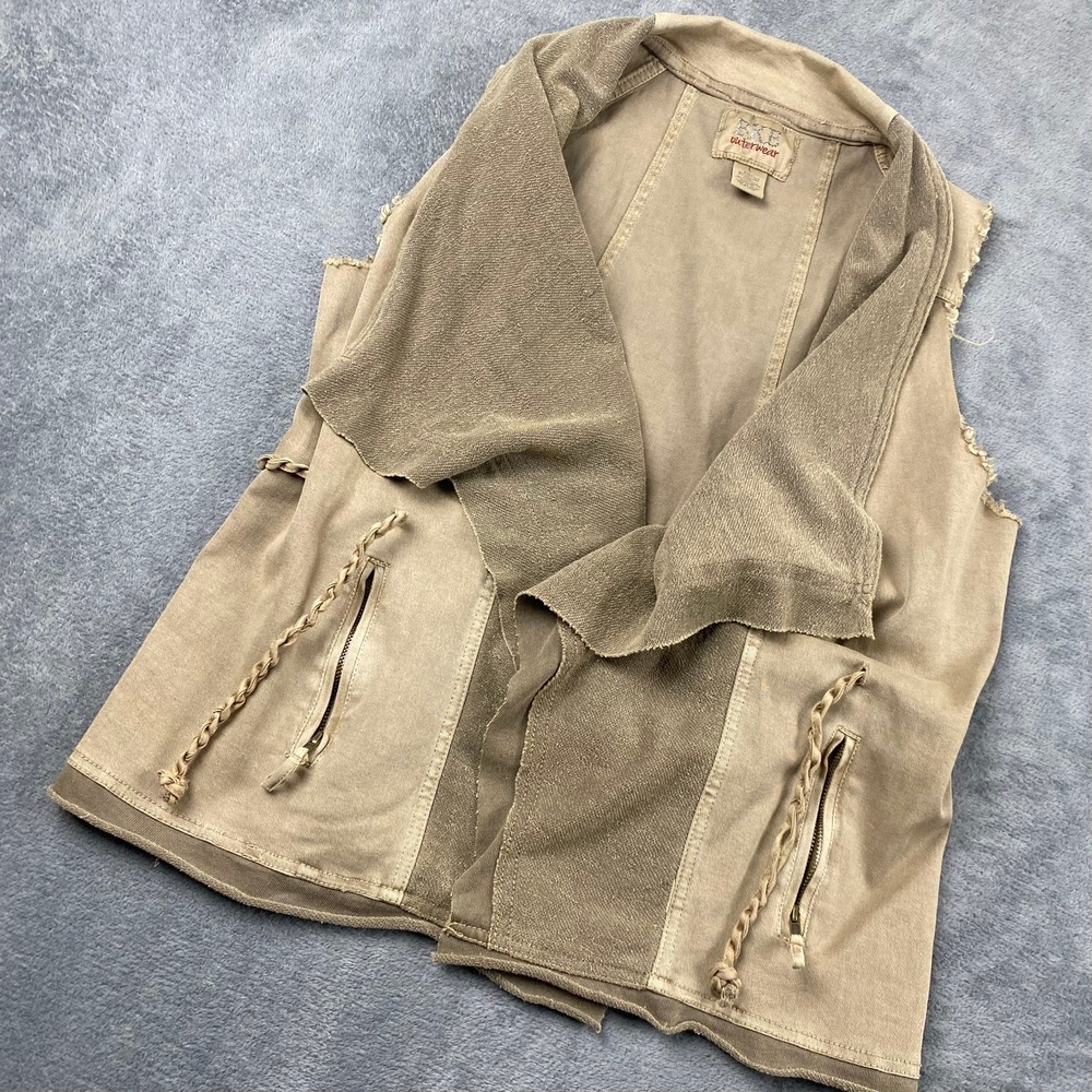 BKE Women L Beige Draped Waterfall Vest Zip Pockets Raw Edge Boho Lagenlook